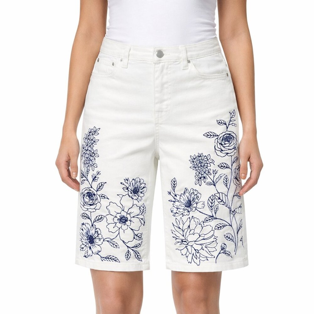 DG2 by Diane Gilman White Floral Embroidered Stretch Denim Capri Pants